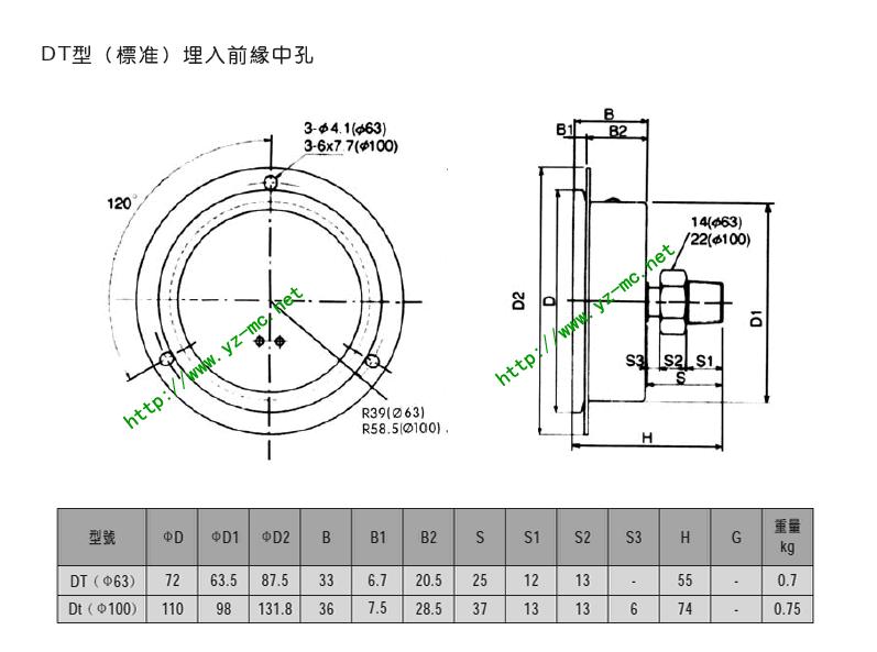 耐震压力表DT系列尺寸图